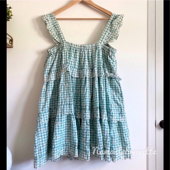 **SOLD***🌻NWOT🌻 Just Me Medium Flowy Green Gingham Embroidered Babydoll Mini - Picture 15 of 17